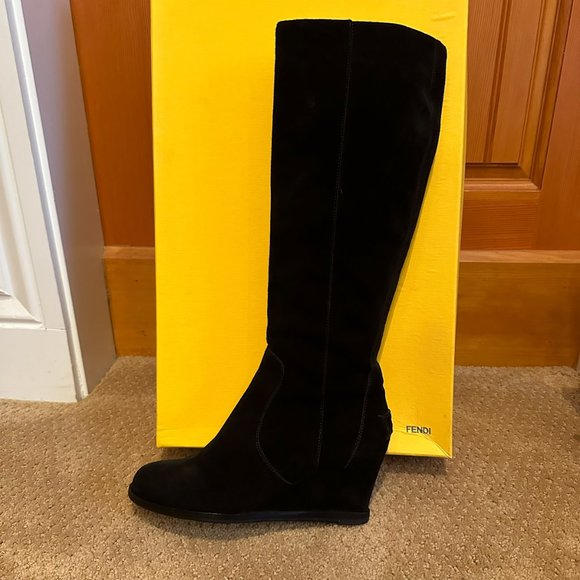 FENDI Black Suede Tall Wedge Cathy Boot, Size 39.5 - Picture 5 of 12
